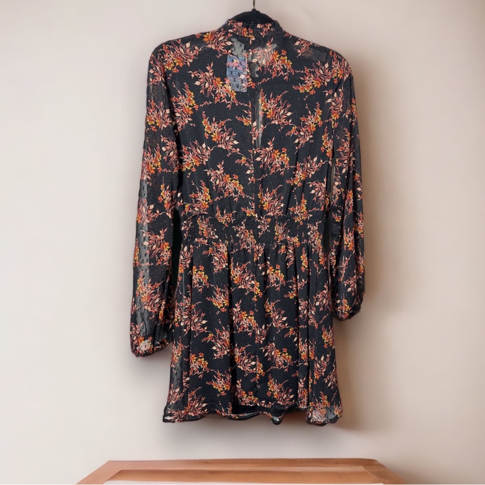 MAX + ASH floral black burnt orange overlay dress Large lined long sleeves NEW